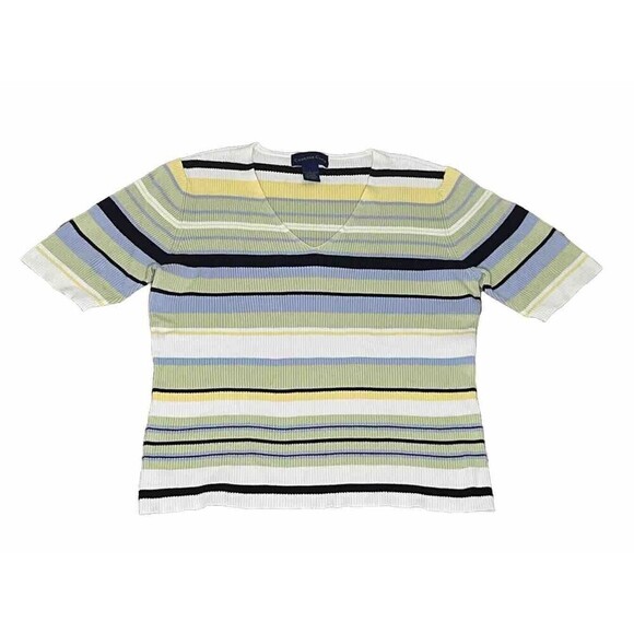 Charter Club Striped V Neck Sweater Ribbed Large Pima Cotton - Picture 2 of 6